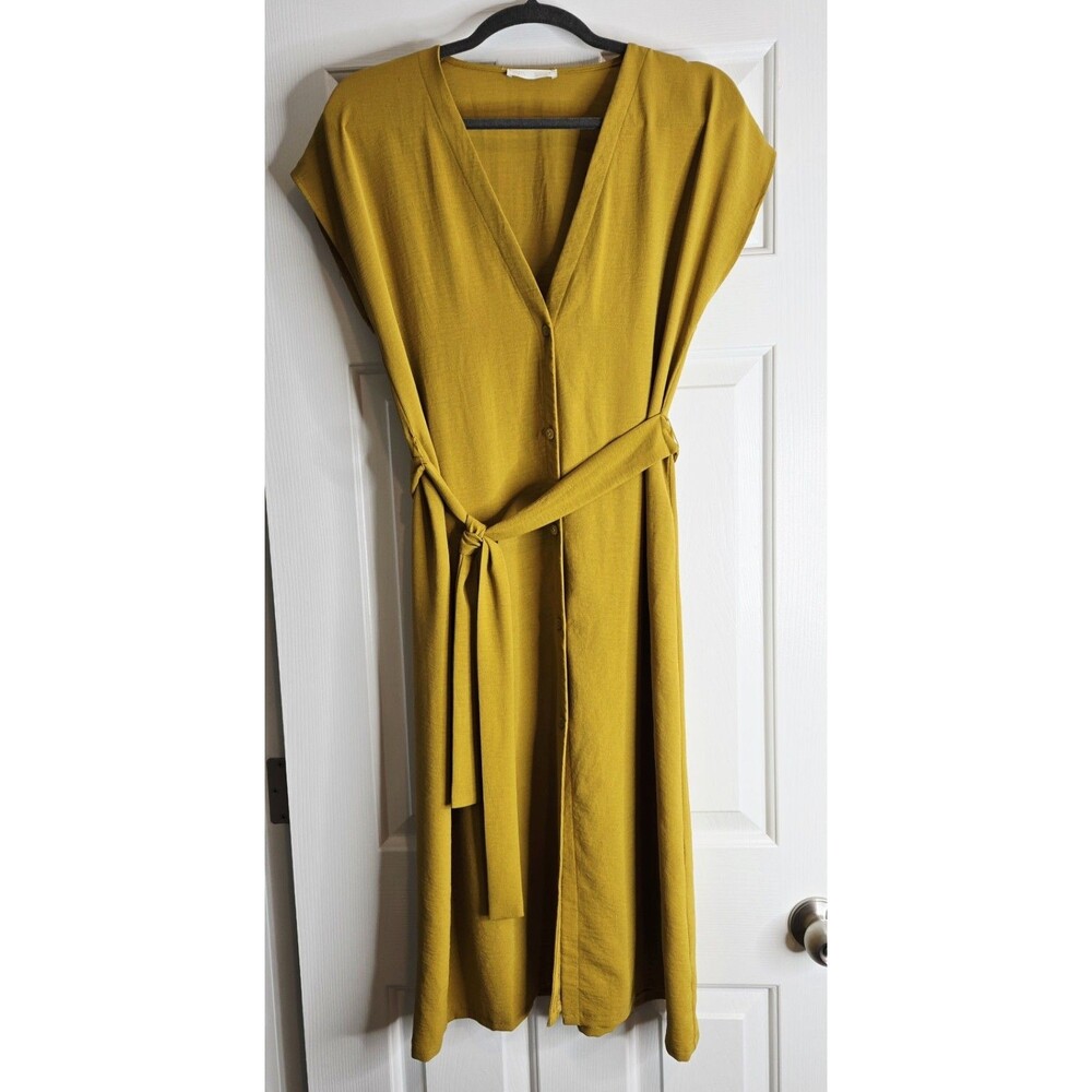 Zara Size S Midi Shirt Dress Chartreuse Mustard Yellow Belted V Neck Scandi